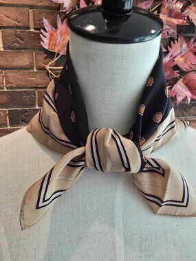 Anne Klein - Vintage 100% Silk Scarf, Preppy Navy Stripes & Artistic Floral Dots